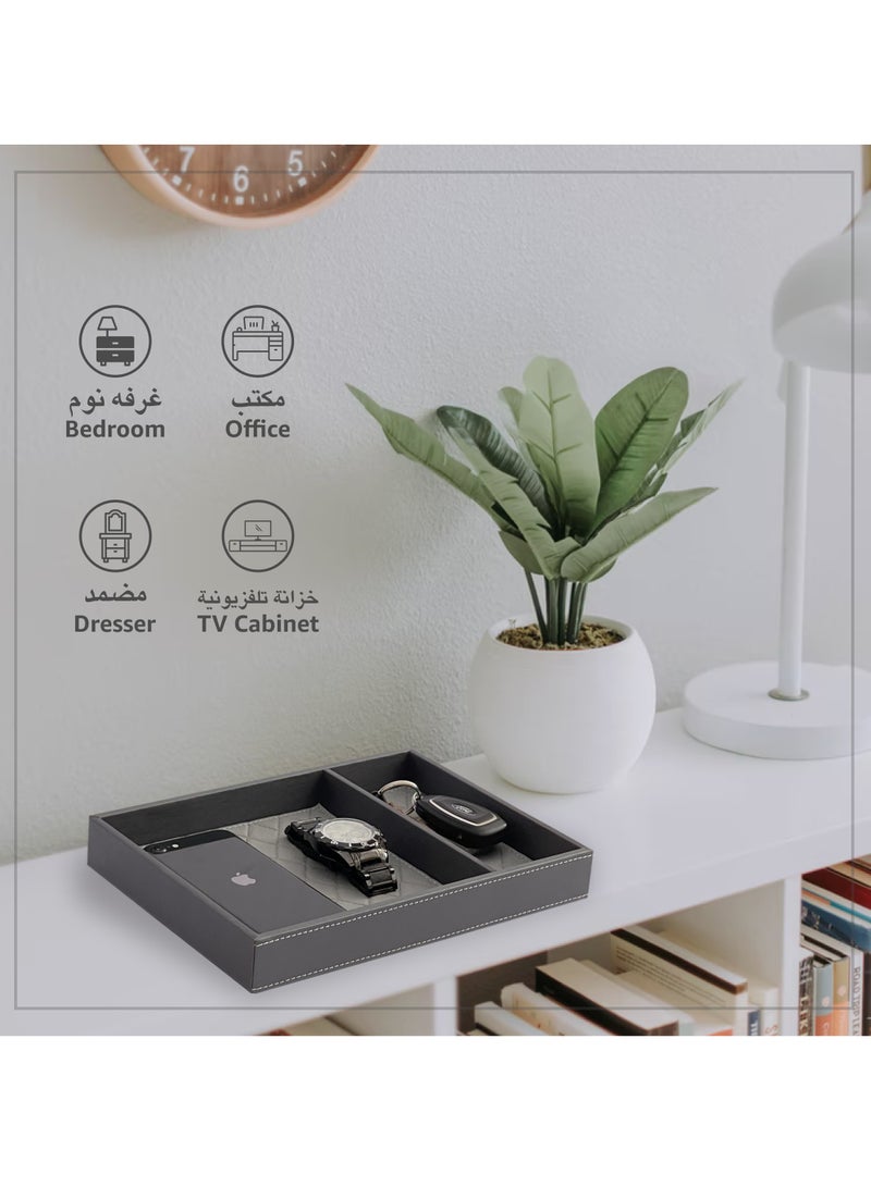 LeArt Leather Valet Tray with Divider - Leather Tray Organizer | Bedside, Nightstand, Office Desk Organizer | Catchall Tray for Wallet, Mobile Phone, Watch, Stationary (Grey and Cream)  - Image 2