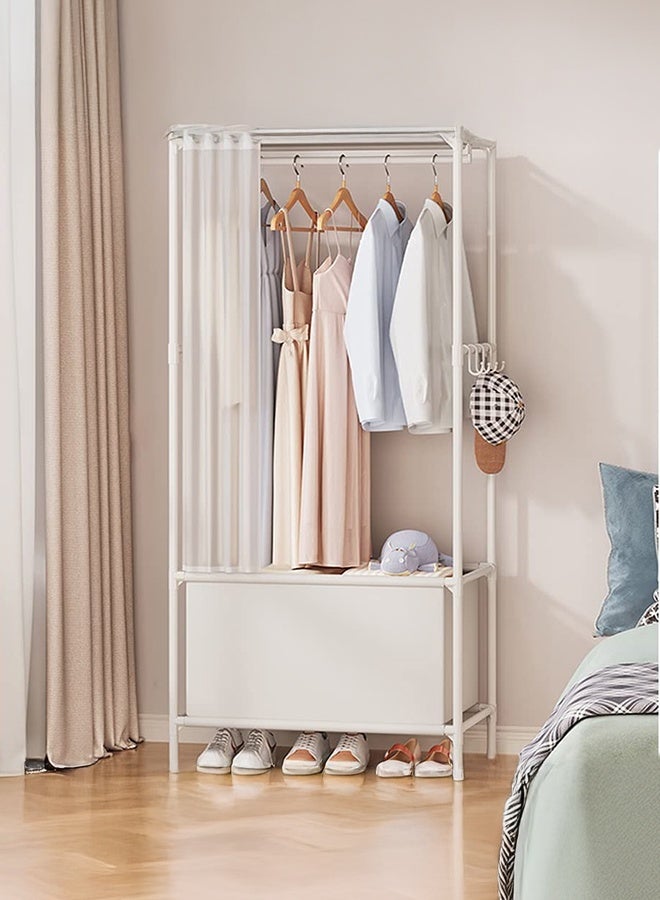 والالا رف معاطف معدني 3 في 1، وحامل ملابس، ومقعد تخزين للمدخل بإطار معدني صناعي وأرفف للأحذية، وخزائن لتعليق الملابس مع قضبان تعليق، مناسب لغرفة المعيشة، وغرفة النوم، وغرفة الملابس، مع ستارة، أبيض - 166 × 62 × 43 سم - Image 1