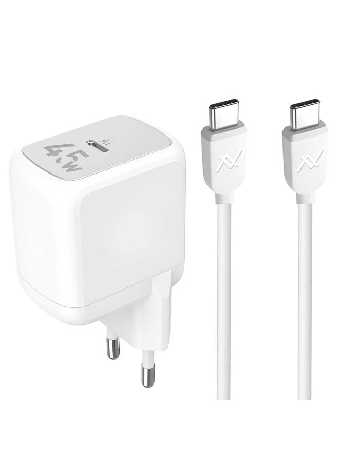 محول طاقة L'AVVENTO (MP545) Mini GaN بقوة 45 واط مع كابل USB-C بطول 1 متر - أبيض