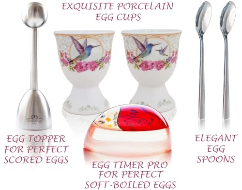 NobleEgg Boiled Egg Cups Topper Set | All-Inclusive Set | Egg Cups for Soft Boiled Eggs + Egg Timer Pro + Egg Spoons + Egg Topper Cracker + Gift Storage Box | Vintage Victorian Style | Set for 2 - Image 2