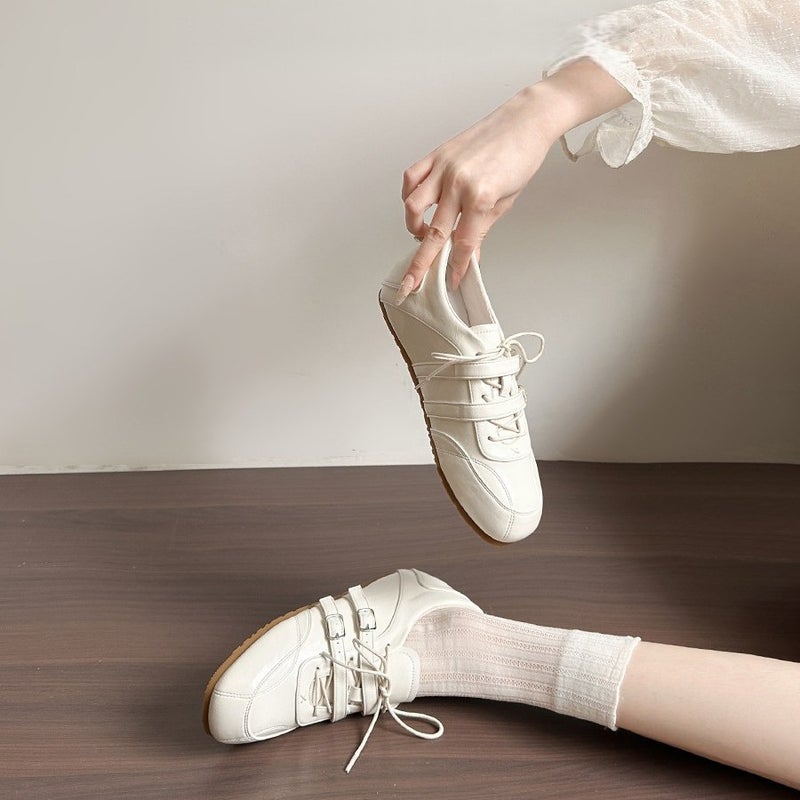 2026 Spring Soft Leather Ballet Sneakers Square Toe Lace-up Casual Mary Jane Shoes - Image 2