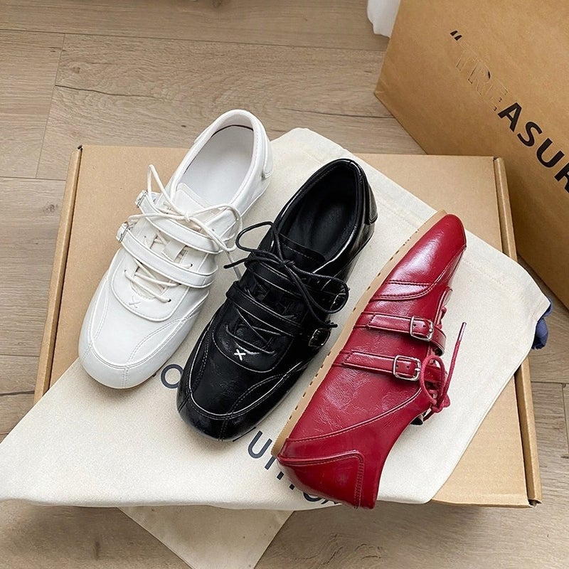 2026 Spring Soft Leather Ballet Sneakers Square Toe Lace-up Casual Mary Jane Shoes - Image 1