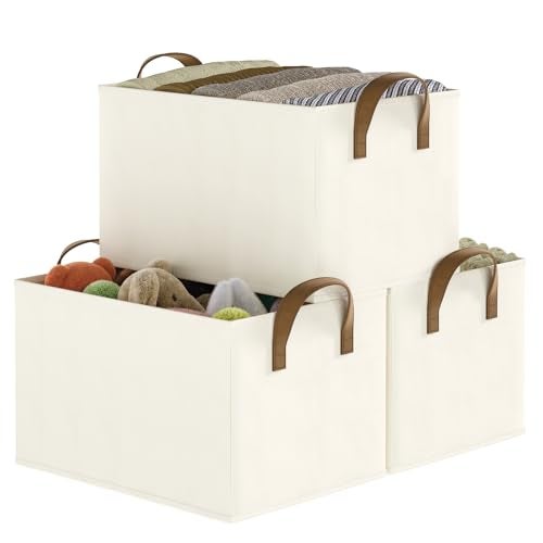 COYACOOL Closet Storage Bins, Fabric Closet Organizers and Storage Basket for Shelves, Collapsible Shelf Baskets for Organizing Shelves, Bedroom Clothes Basket, Beige, 3 Pack - Image 1