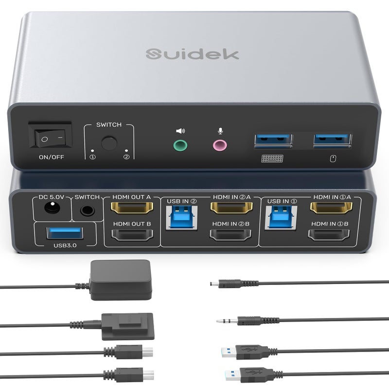 SUIDEK HDMI KVM Switch 2 Monitors 2 Computers, Dual Monitor KVM USB Switcher 4K@60Hz, HDMI Extended/Mirror Display for 2 PC Share 2 Monitors, with 3 USB 3.0 Port, Desktop Controller and 2 USB Cables - Image 1