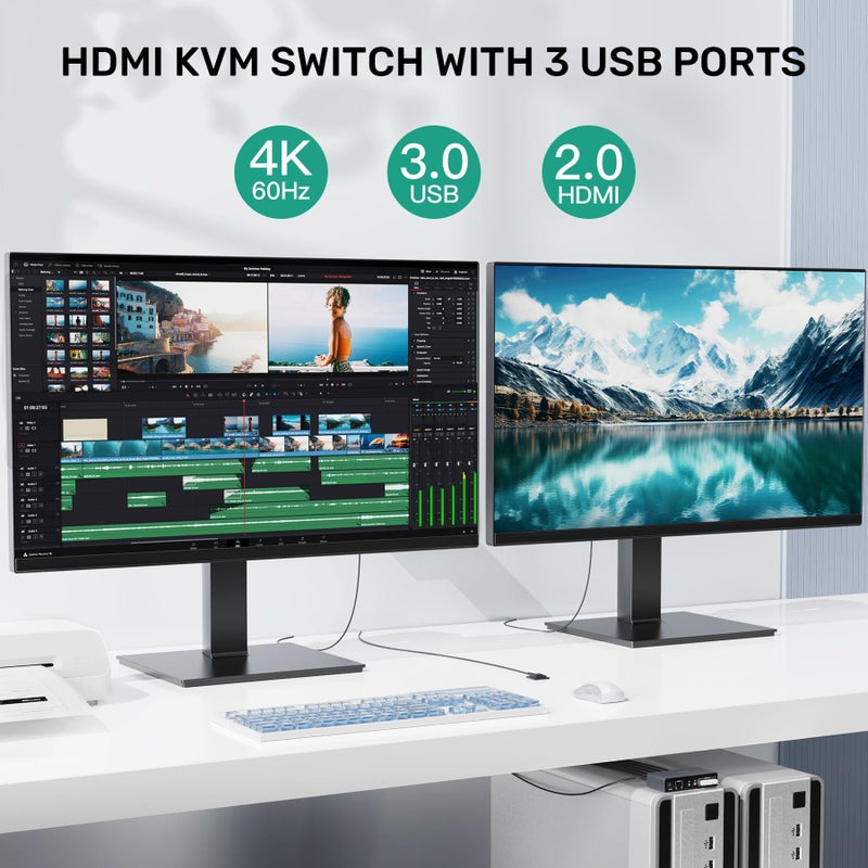 SUIDEK HDMI KVM Switch 2 Monitors 2 Computers, Dual Monitor KVM USB Switcher 4K@60Hz, HDMI Extended/Mirror Display for 2 PC Share 2 Monitors, with 3 USB 3.0 Port, Desktop Controller and 2 USB Cables - Image 3