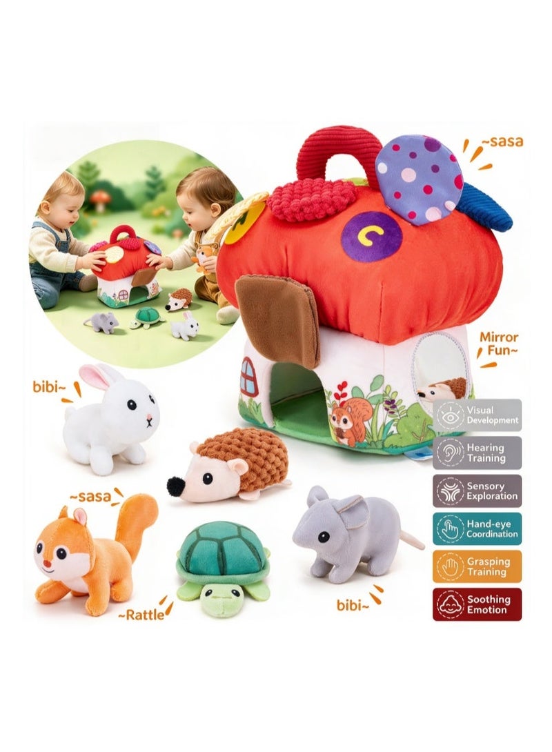 AIPINQI 2-in-1 Mushroom House Sensory Play Set, Soft Multi Texture Plush Educational Toy with 5 Animal Figures, Hidden ABC Letters & Numbers Flip Pages, Fine Motor Sensory Training Gift for Toddlers 0-3 Years Old - Image 1
