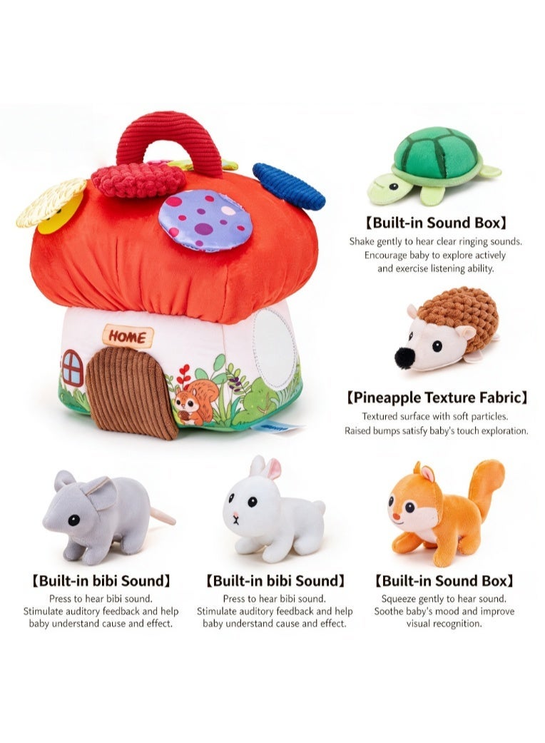AIPINQI 2-in-1 Mushroom House Sensory Play Set, Soft Multi Texture Plush Educational Toy with 5 Animal Figures, Hidden ABC Letters & Numbers Flip Pages, Fine Motor Sensory Training Gift for Toddlers 0-3 Years Old - Image 4