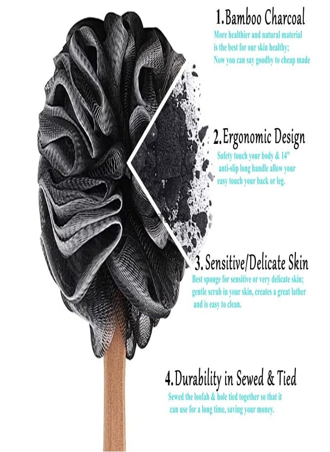 Oasisgalore - Bamboo Charcoal Bath Ball Non-slip Rubber Handle Bath Brush Bath Wipe Clean and Care Back Wooden Handle Bath Flowers and Bath Balls - Image 1