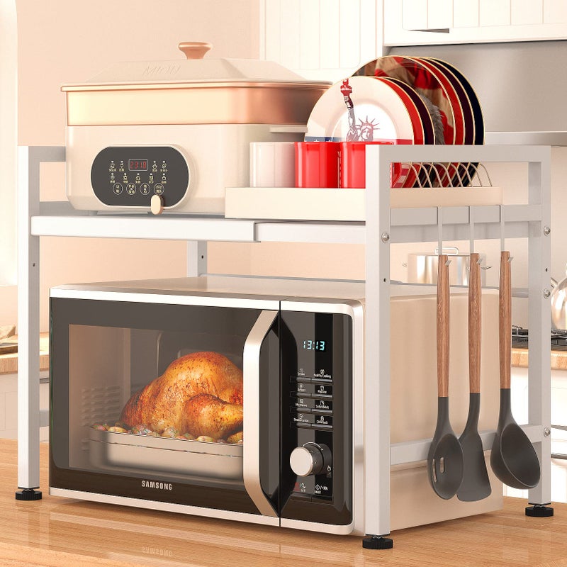 PUSDON Extendable Microwave Oven Rack Adjustable MicrowaveToaster Shelf Heavy Duty Stand Kitchen Counter Top OrganizerL157236 xW126 xH189 2Tier with 3 Hooks 160lbs Weight Capacity White