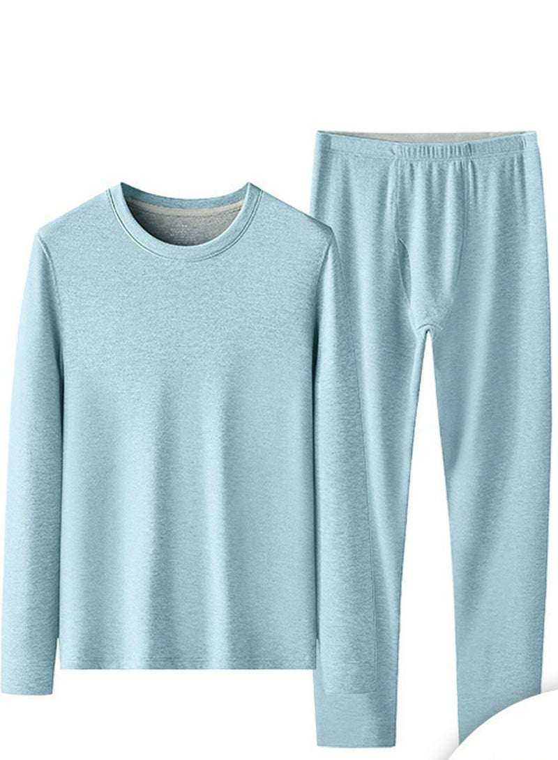 Loquat Mens Solid Color Large Size Crew-Neck Thick Thermal Underwear Shirt Cold Weather Base Layer,Long Sleeve T-Shirt Loungewear Blue 
