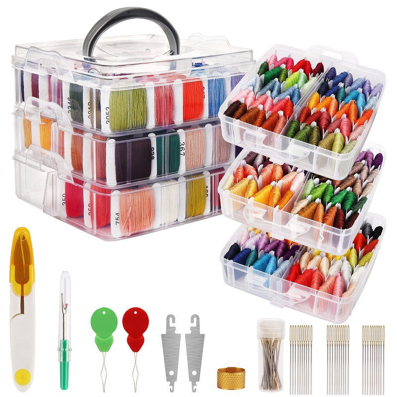 HANDI STITCH Embroidery Floss Set  187 Pack  Cross Stitch Tool Kit with 3 Tier Transparent Storage Box  150 Colour Skeins  Threads on Paper Bobbins for Friendship Bracelets  Crafts