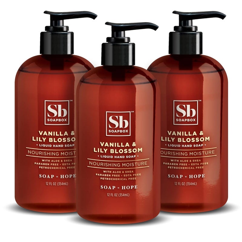 Soapbox Liquid Hand Soap Vanilla  Lily Blossom  Gentle Moisturizing Hand Cleanser Vegan Cruelty Free Hand Soap for Bathroom and Kitchen 12oz Pump Bottles Pack of 3