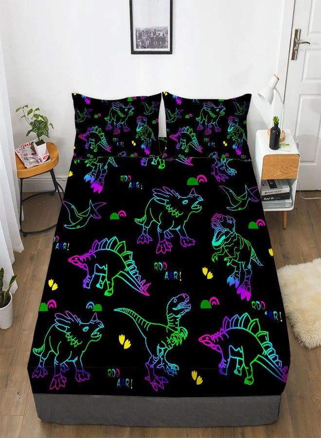 Gusuhome Dinosaurs Bed Sheets Full Size for Boys 3D Colorful Jurassic Dinosaur Fitted Sheets Set for Kids and Teens Soft Microfiber Bedding with Pillowcase (1 Fitted Sheet + 2 Pillow Cases) - Image 1