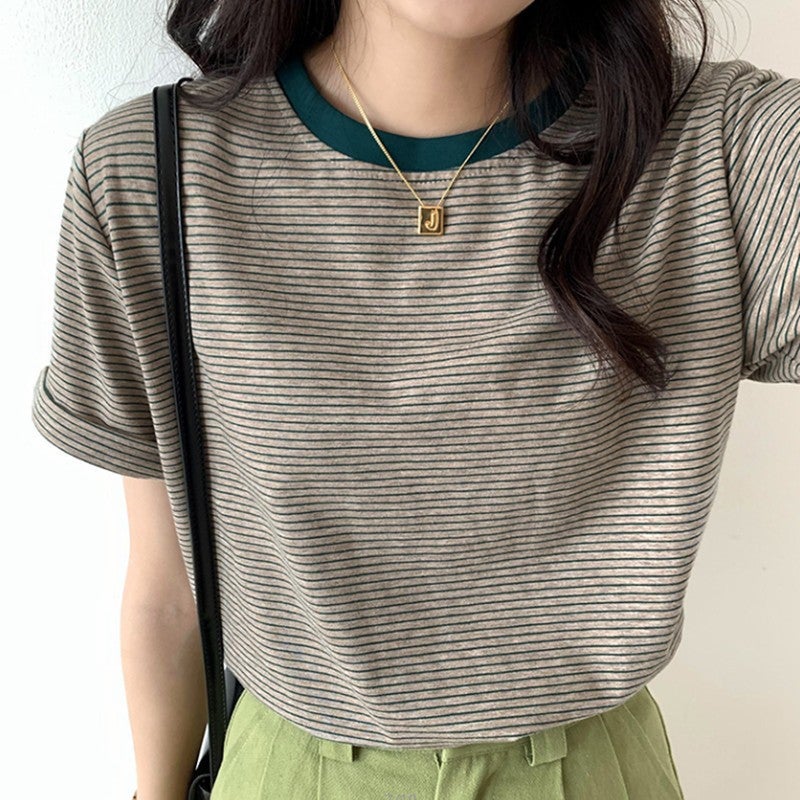 Striped T-Shirt Women'S Summer Japanese Crewneck Short-Sleeved Short Top Small Thin Retro Half-Sleeved T-Shirt - Image 2