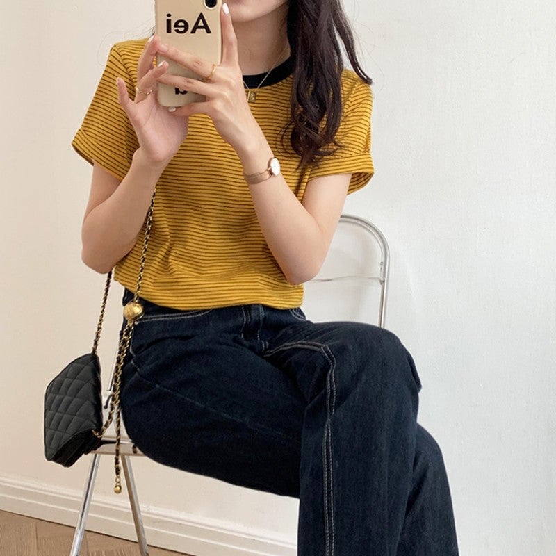 Striped T-Shirt Women'S Summer Japanese Crewneck Short-Sleeved Short Top Small Thin Retro Half-Sleeved T-Shirt - Image 3