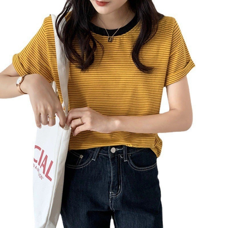 Striped T-Shirt Women'S Summer Japanese Crewneck Short-Sleeved Short Top Small Thin Retro Half-Sleeved T-Shirt - Image 5