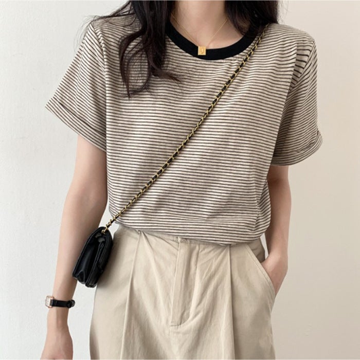 Striped T-Shirt Women'S Summer Japanese Crewneck Short-Sleeved Short Top Small Thin Retro Half-Sleeved T-Shirt - Image 1