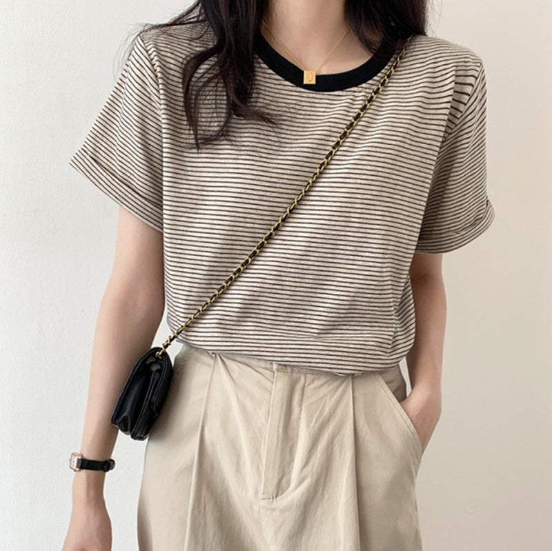Striped T-Shirt Women'S Summer Japanese Crewneck Short-Sleeved Short Top Small Thin Retro Half-Sleeved T-Shirt - Image 4