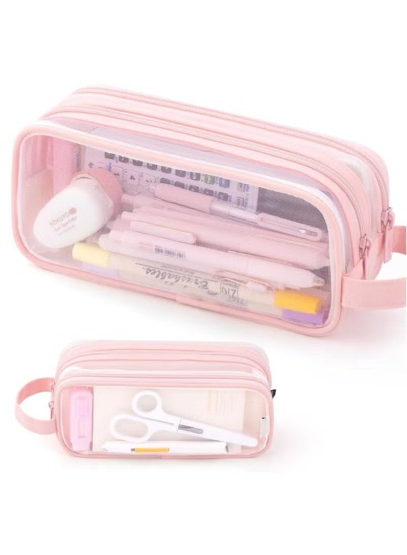 Large Grid Mesh Pencil Case 2 Compartment Pen Bag Clear Handheld Multifunction Pencil Pouch Transparent Makeup Bag for Teen Student College Business Travel Office Adult - Pink - Image 1