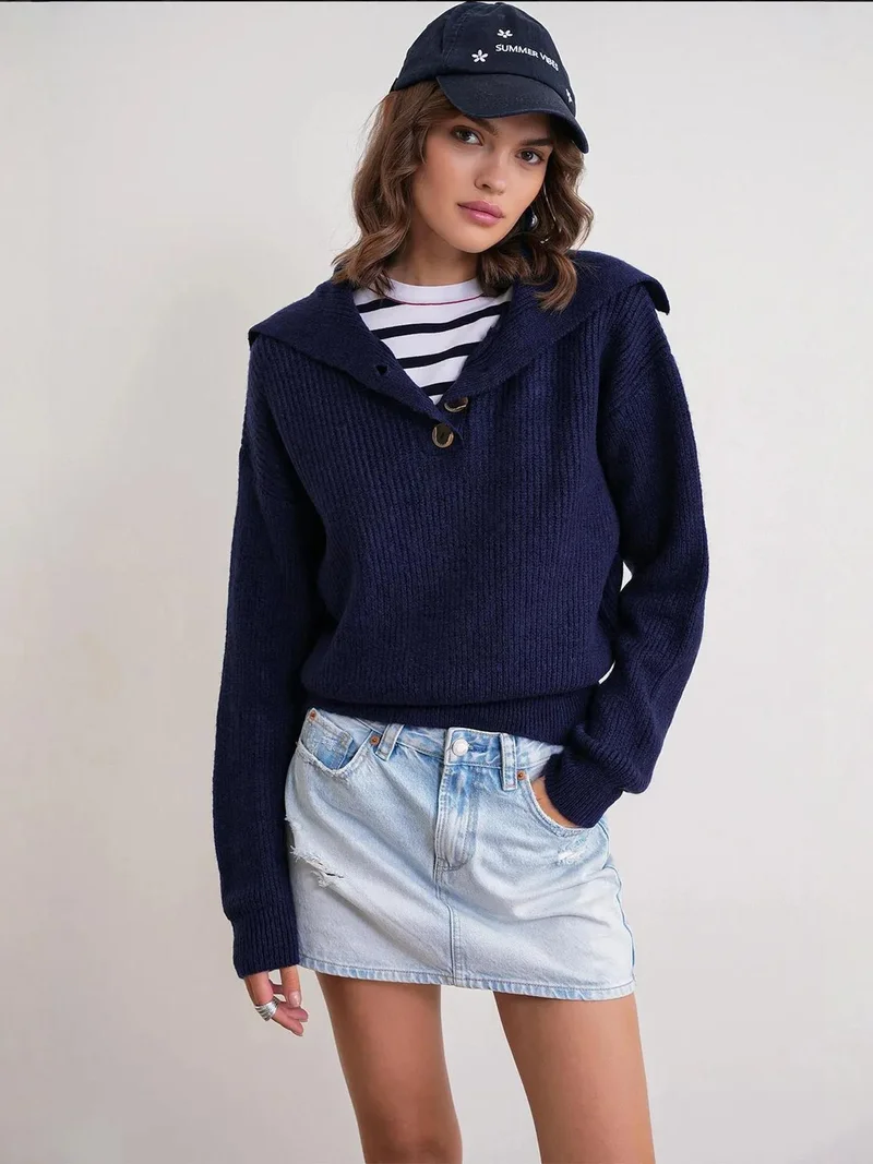 MixRay Mixray Buttoned Wide Collar Knit Sweater