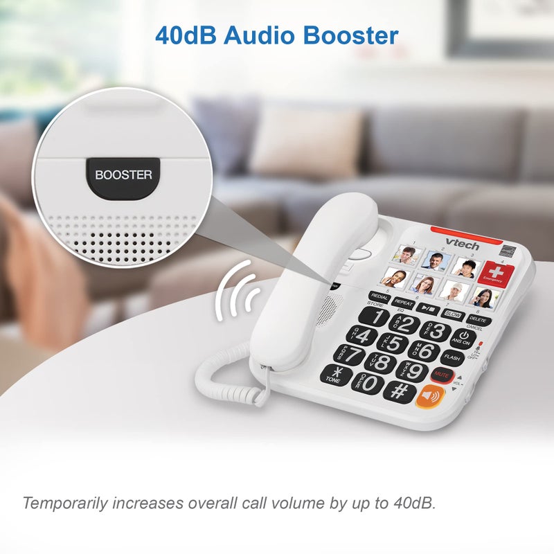 VTECH SN1127 Amplified Corded Answering System. 8 Photo Speed Dial, 90dB Ringer Volume, Big High-Contrast buttons, Audio Booster(+40db), Visual Ringer. Perfect for Seniors, Visually & Hearing Impaired - Image 4