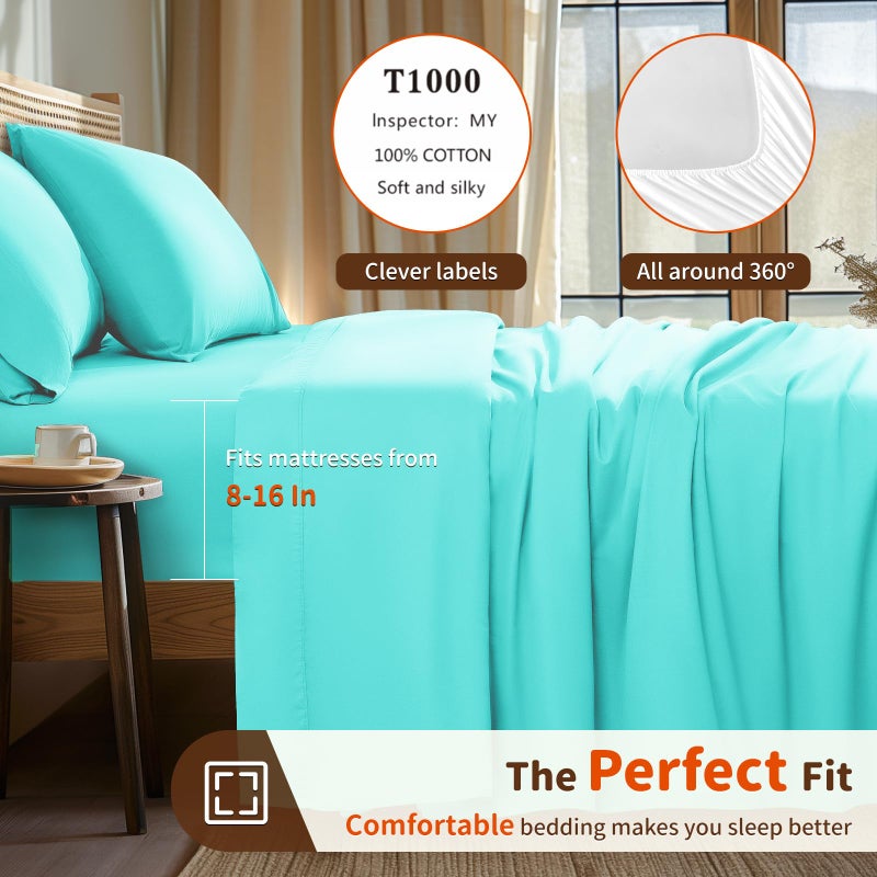 LBRO2M LBRO2M 1000 Thread Count 100% Cotton Sheets Set Queen Size Bed Sheet 4 Piece Sets Long Staple 16 Inches Deep Pocket All Season Bedding Super Soft Comforterble Breathable Sateen(Lake Green)  - Image 2