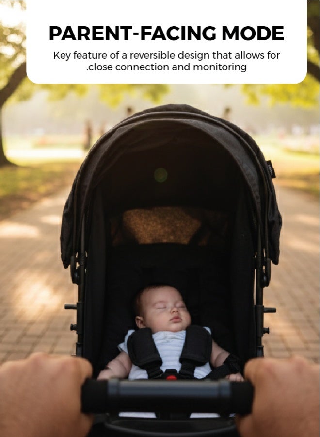 Zenito Lightweight 6.5 kg Reversible Baby Stroller, Two-Way Push Travel Stroller with One-Hand Fold, Adjustable Seat & Canopy, Shock-Absorbing Wheels, 5-Point Safety Harness & Large Basket, 0-36 Months | Black - Image 4