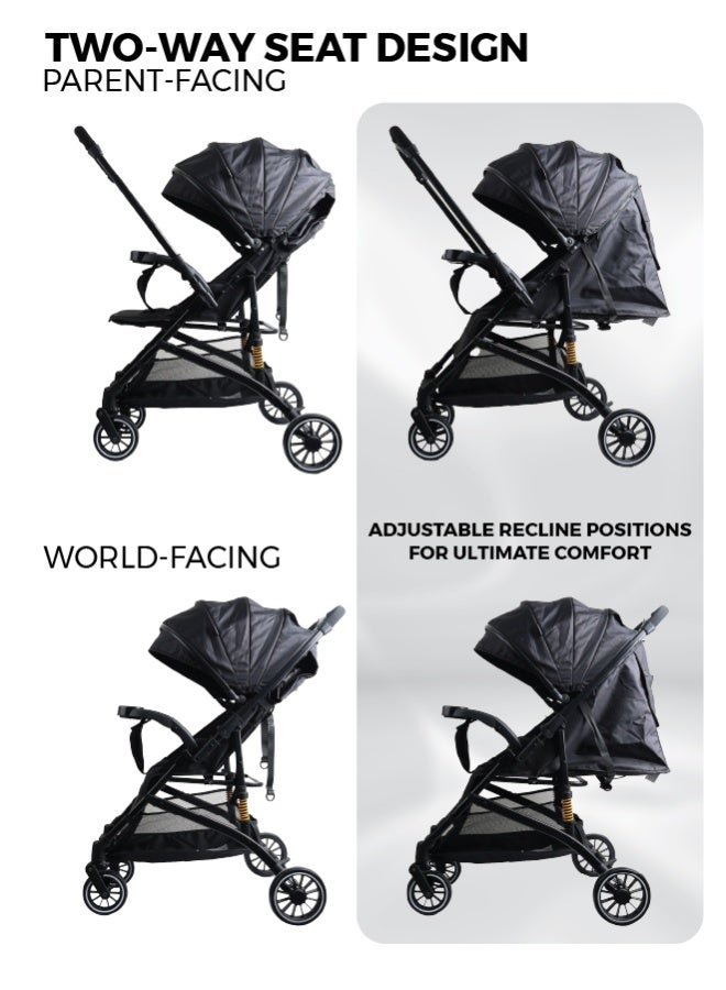 Zenito Lightweight 6.5 kg Reversible Baby Stroller, Two-Way Push Travel Stroller with One-Hand Fold, Adjustable Seat & Canopy, Shock-Absorbing Wheels, 5-Point Safety Harness & Large Basket, 0-36 Months | Black - Image 3