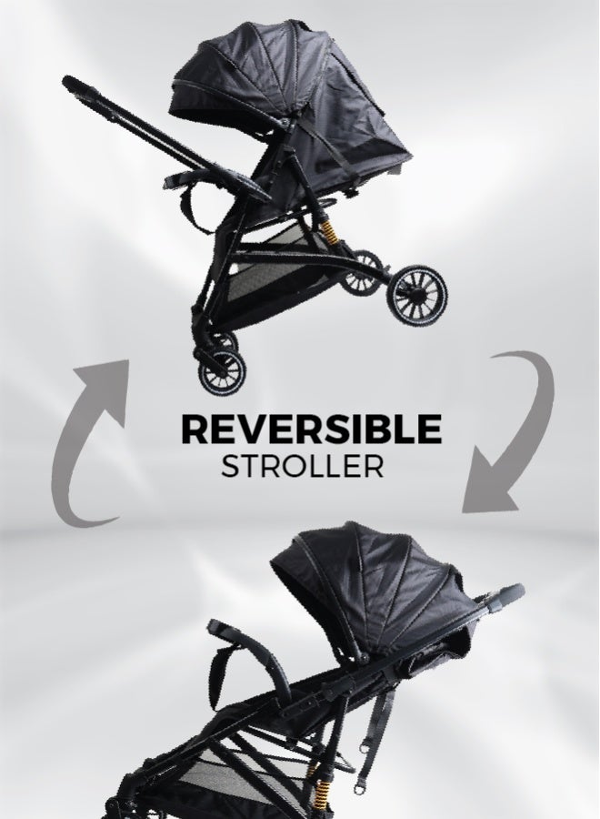 Zenito Lightweight 6.5 kg Reversible Baby Stroller, Two-Way Push Travel Stroller with One-Hand Fold, Adjustable Seat & Canopy, Shock-Absorbing Wheels, 5-Point Safety Harness & Large Basket, 0-36 Months | Black - Image 2