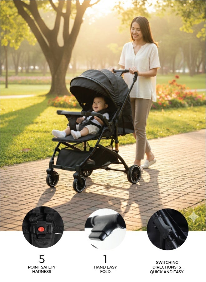 Zenito Lightweight 6.5 kg Reversible Baby Stroller, Two-Way Push Travel Stroller with One-Hand Fold, Adjustable Seat & Canopy, Shock-Absorbing Wheels, 5-Point Safety Harness & Large Basket, 0-36 Months | Black - Image 5