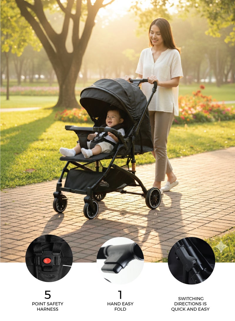 Zenito Lightweight 6.5 kg Reversible Baby Stroller, Two-Way Push Travel Stroller with One-Hand Fold, Adjustable Seat & Canopy, Shock-Absorbing Wheels, 5-Point Safety Harness & Large Basket, 0-36 Months | Black - Image 3
