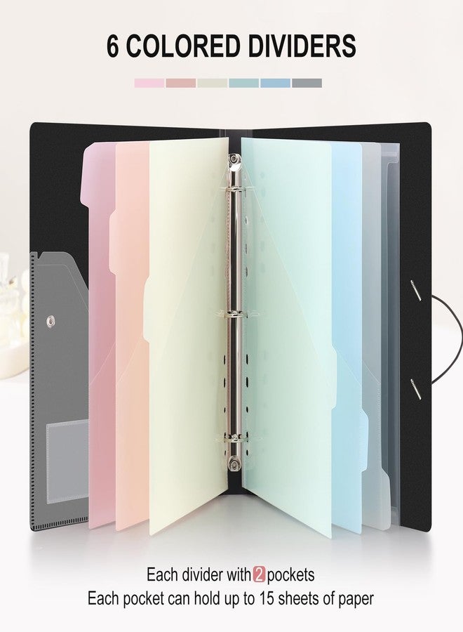 Uquelic 3-Ring Binder 1-Inch with Dividers, 6 Pocket Folders (12 Pockets) & Clear Pouch, Elastic Closure Refillable PP Folder for Letter Size Documents, School, Office - Macaron Inner Pages - Image 4