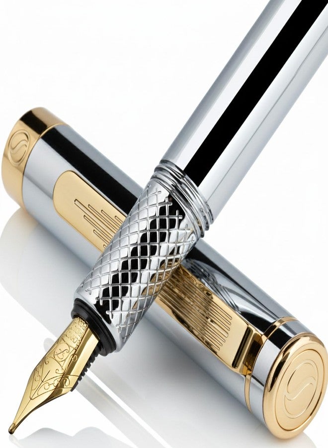 Scriveiner Silver Chrome Fountain Pen (Fine), Award Winning, Heavy Pocket Stunning Luxury Pen, Real Gold Plating and Genuine Schmidt Nib, Includes Converter, Fancy EDC Writing Gift Set for Men & Women - Image 1