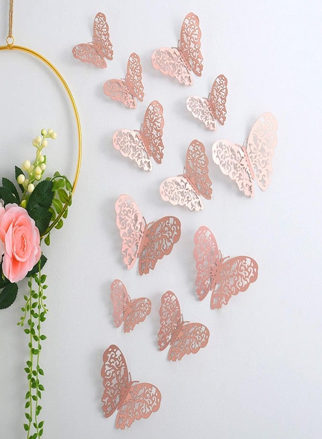 Luvae 3D Metallic Butterfly Wall Stickers (Pack of 12) - Gold Decorative Butterflies for Wall Decoration | Removable DIY Home & Birthday Party Decor for Bedroom, Living Room, Nursery (Rose Gold) - Image 1
