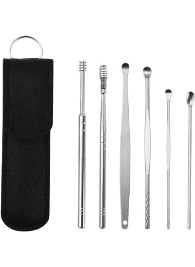 مزيل شمع الأذن، أدوات تنظيف الأذن، أعواد الأذن، إزالة شمع الأذن من الفولاذ المقاوم للصدأ مع حقيبة تخزين محمولة من البولي يوريثين باللون الأسود - Image 1