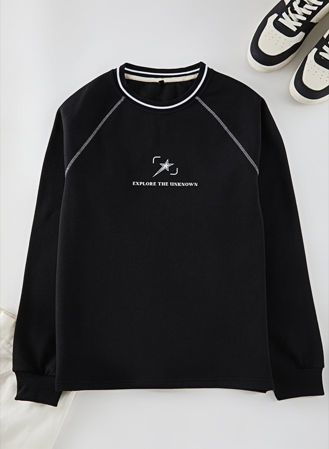 trendyol Black Regular Cut Stitching and Collar Knitwear Tape Detailed Printed Sweatshirt - Image 5