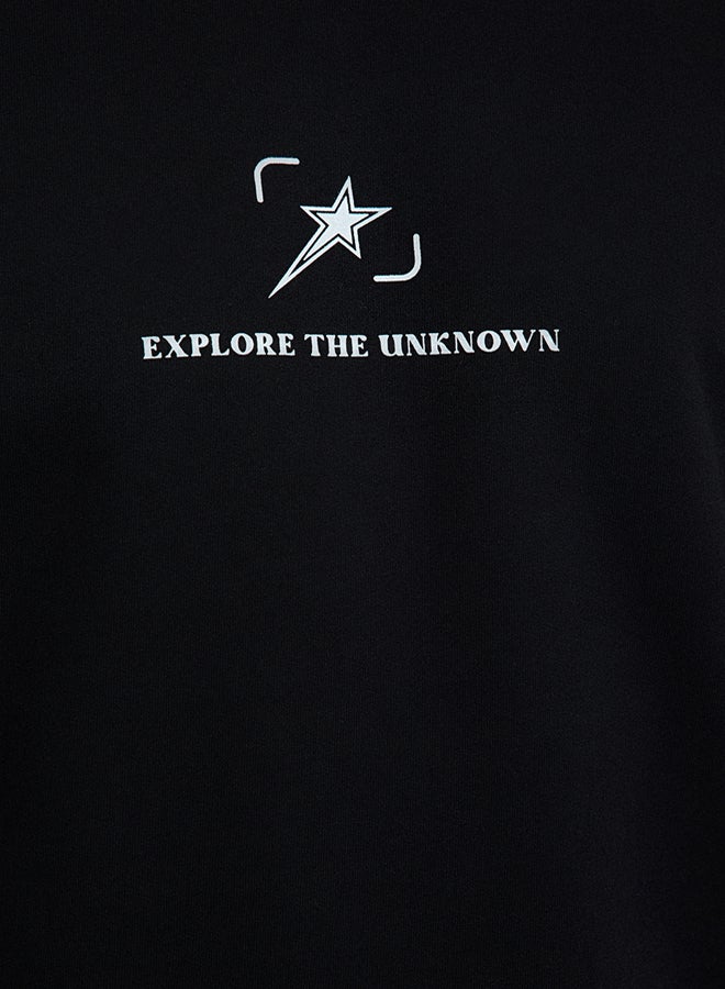 trendyol Black Regular Cut Stitching and Collar Knitwear Tape Detailed Printed Sweatshirt - Image 4