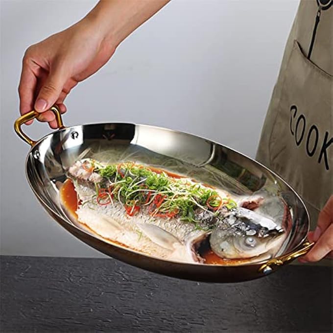 KDOQ Oval Spanish Paella Pan With Dual Handles 304 Stainless Steel Seafood Paella Pan Cookware For Homes Restaurant Or Camping Skillet Silver255Cm - Image 5