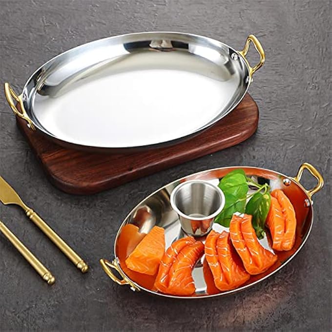 KDOQ Oval Spanish Paella Pan With Dual Handles 304 Stainless Steel Seafood Paella Pan Cookware For Homes Restaurant Or Camping Skillet Silver255Cm - Image 3
