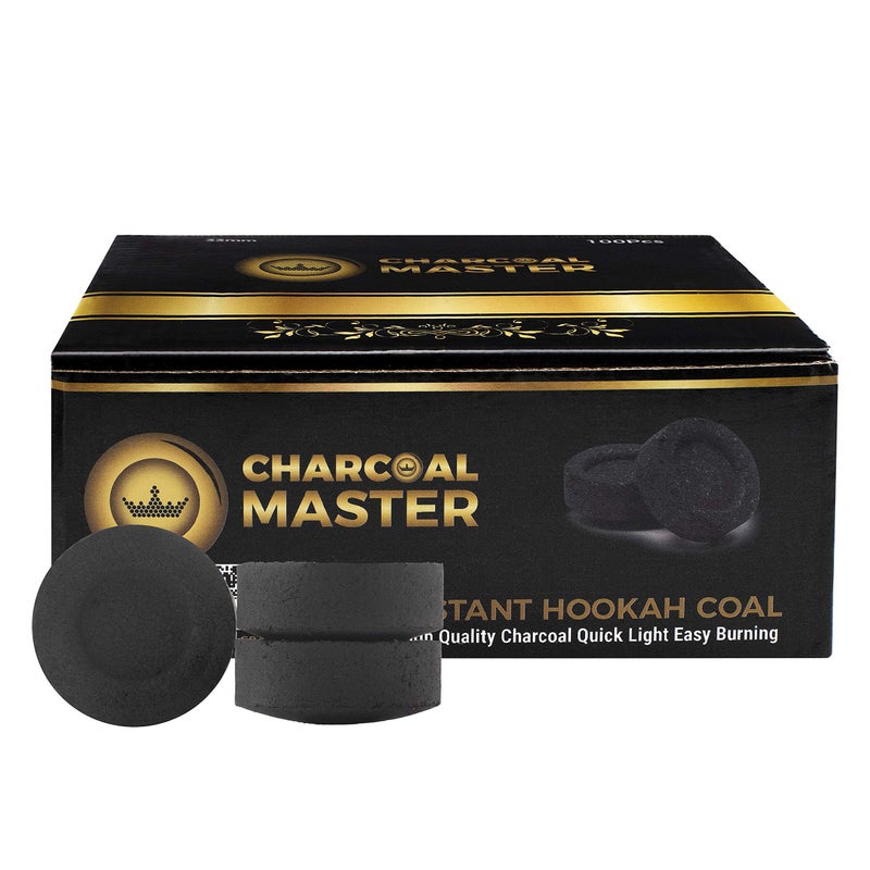 Charcoal Masters Hookah Coals Instant Light  Premium Charcoal Briquettes for Hookah Set Smoking Incense  45 Minute Burn Low Smoke No Artificial Flavors  33mm Coal Disks for Shisha 100 Pack