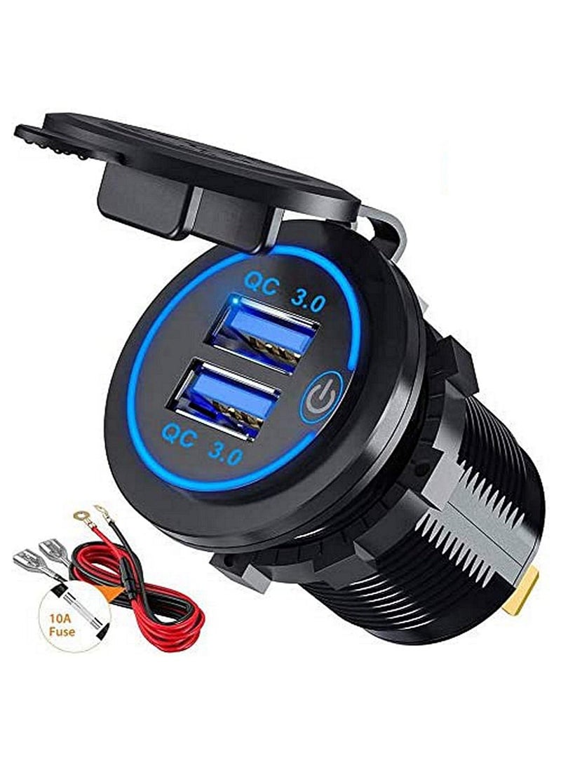 AROAQ Dual QC3.0 USB Charger Socket, Dual USB Car Charger Power Outlet with switch for 12V/24V Car, Boats and Marine, Motorcycle, Truck - Image 1