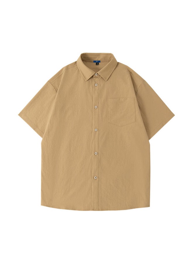 Geniolamode Men's Short Sleeve Summer Thin Casual Loose Ice Silk Cool Breathable Fashion Lapel Shirt Khaki 3XL