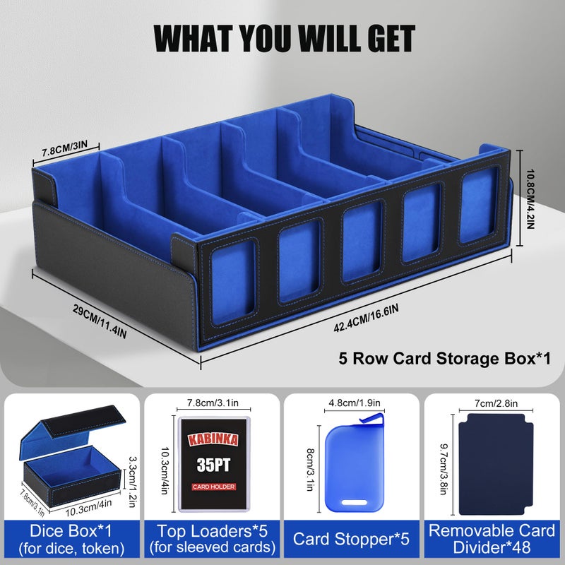 Kabinka Trading Card Storage Box with Commander Display , 5-Row Deck Case with Removable Lid; 3900+ Card Deck Box for MTG TCG Sports Card, 5 Top Loaders, 5 Stoppers, 48 Dividers,1 Dice Tray (Black Blue) - Image 3