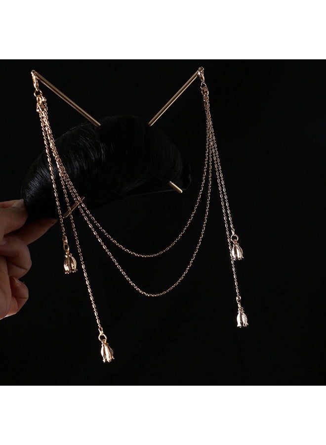 Chinese Hair Sticks with Tassel, Double Chain Hair Pin Vintage Tassel Hair Chopsticks Hanfu Chignon Hair Styling Accessories#3 1pc