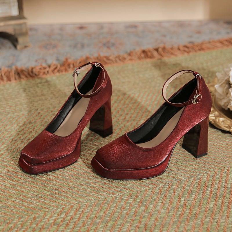 White Platform High Heels Womens Thick Heel Mary Jane Satin Square Heel Bridal Shoes Wedding Shoes Wedding Shoes Wine red - Image 1