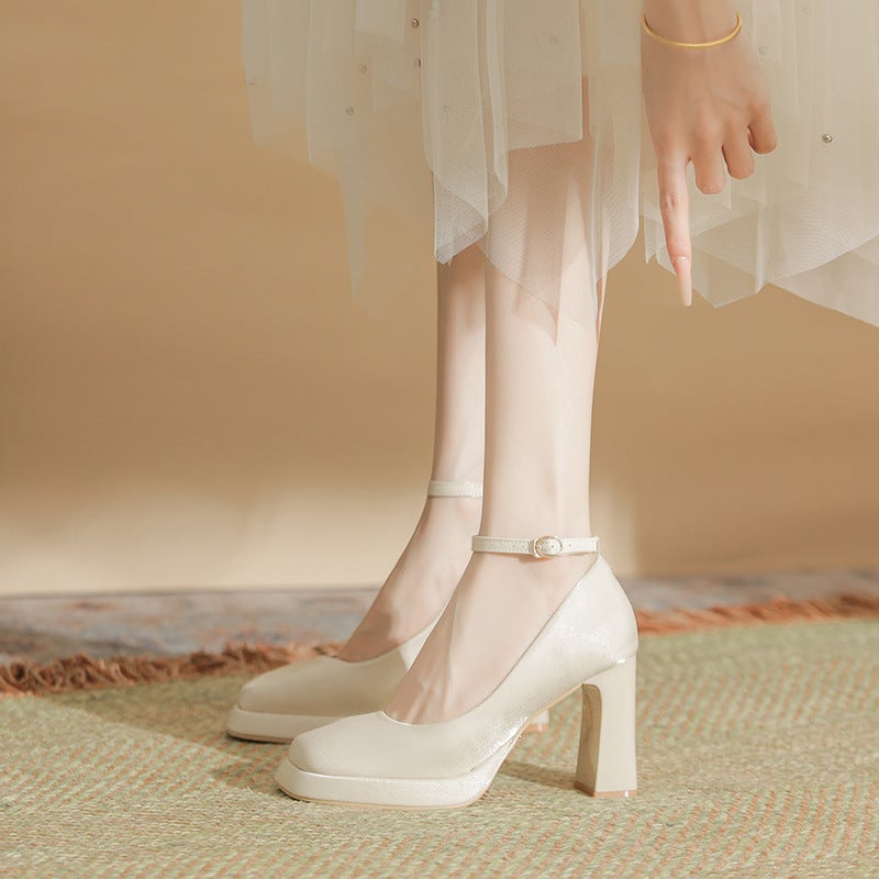 White Platform High Heels Womens Thick Heel Mary Jane Satin Square Heel Bridal Shoes Wedding Shoes Wedding Shoes Wine red - Image 4