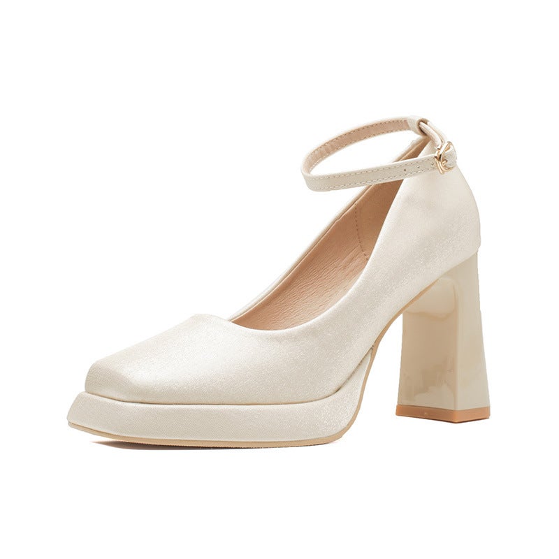 White Platform High Heels Womens Thick Heel Mary Jane Satin Square Heel Bridal Shoes Wedding Shoes Wedding Shoes Wine red - Image 5