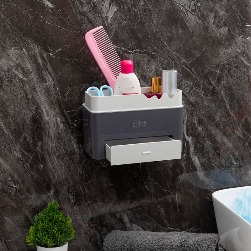 Jinila Self-Adhesive Multipurpose Storage Organizer with Mini Drawer and Scissors Separate Compartment Wall Mounted Bathroom Shelf and Rack (Pack of 1, Gray and Cream) - Image 4