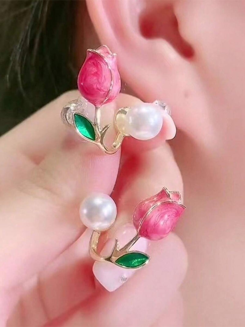 1 Pair Pink Tulip Earrings, 2 Stud Earrings - Petite & Fashionable, Sweet & Elegant