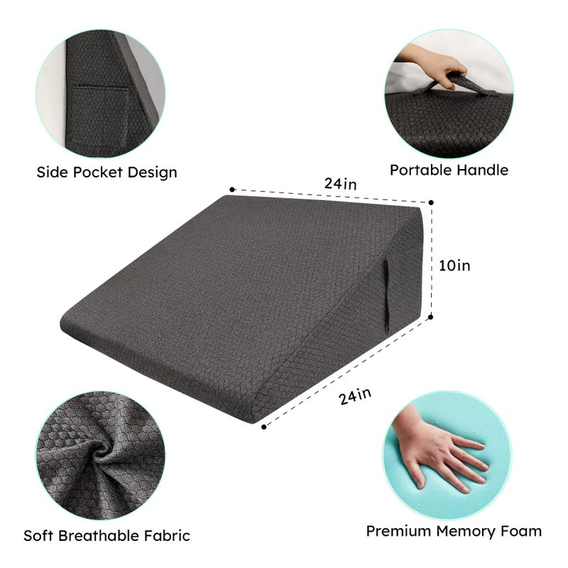 Bedluxe Wedge Pillow, 10 inch Bed Wedge Pillow, Elevated Body Pillow for Back Support, Acid Reflux, Leg, Neck Pain, Snoring, Triangle Pillow Wedge - Cooling Memory Foam Top, Dark Grey - Image 5